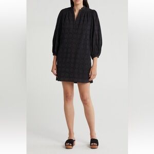 JOIE Olive Dress Caviar Notched V-Neck Buttoned Cuffs Eyelet. Black Size Small